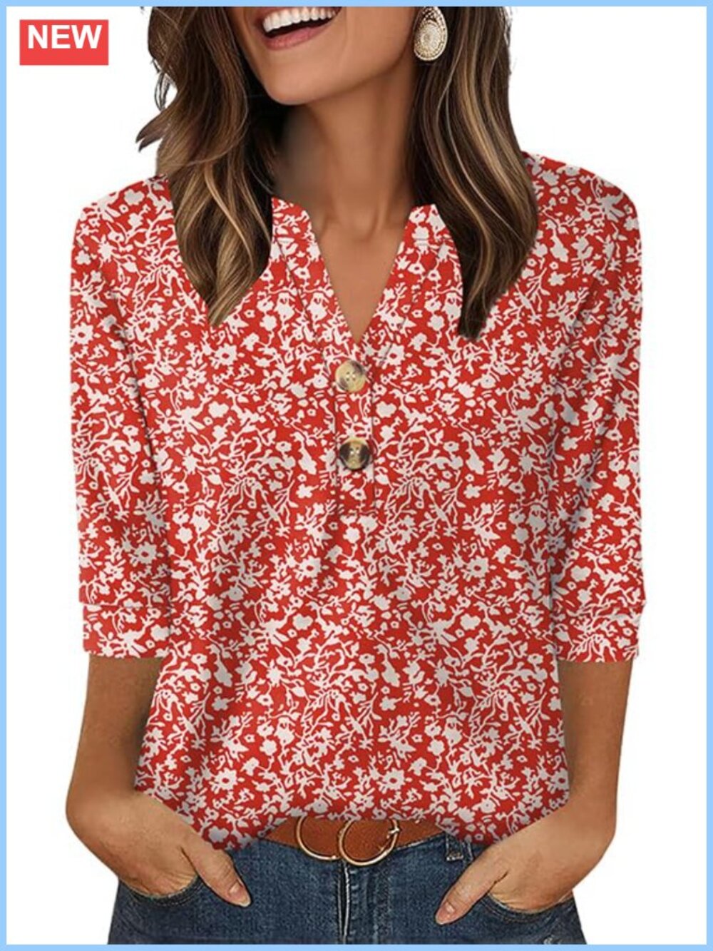3/4 Sleeve V-Neck Button Henley Blouse Tunic Blouse | 95% Polyester 5% Spandex